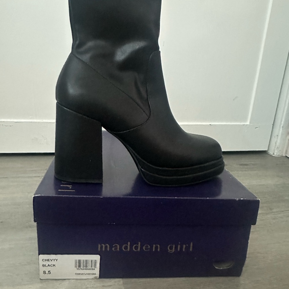 Madden Girl Black Chunky Heel Boots